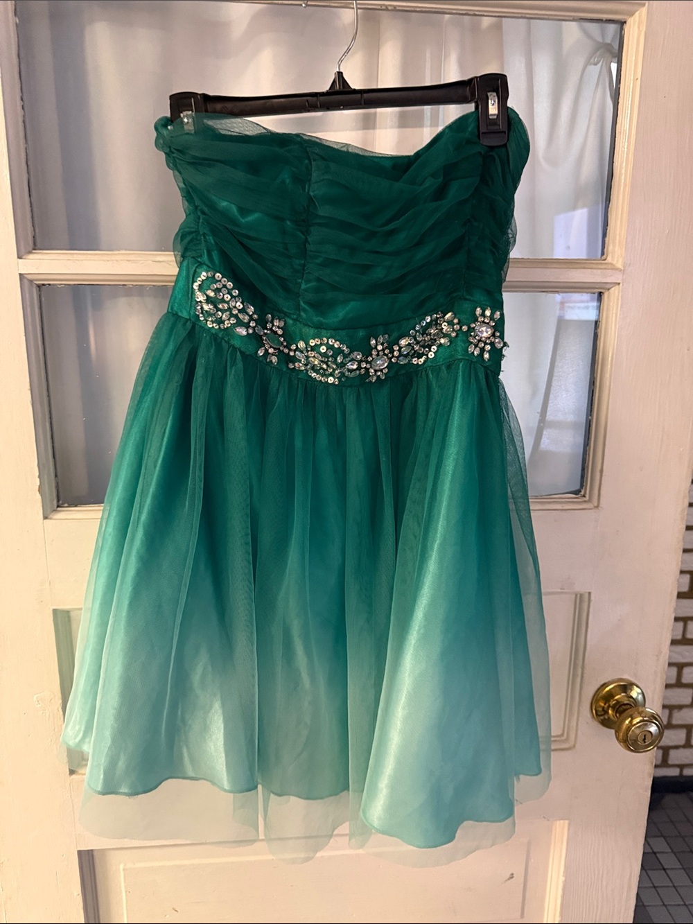 Strapless Emerald Green Tulle Prom Dress with Beaded Waist